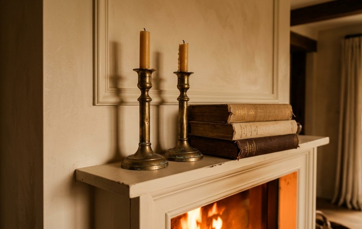 A cozy fireplace mantel styled with vintage brass candlesticks and stacked books above a warm fire.