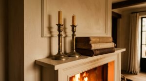A cozy fireplace mantel styled with vintage brass candlesticks and stacked books above a warm fire.