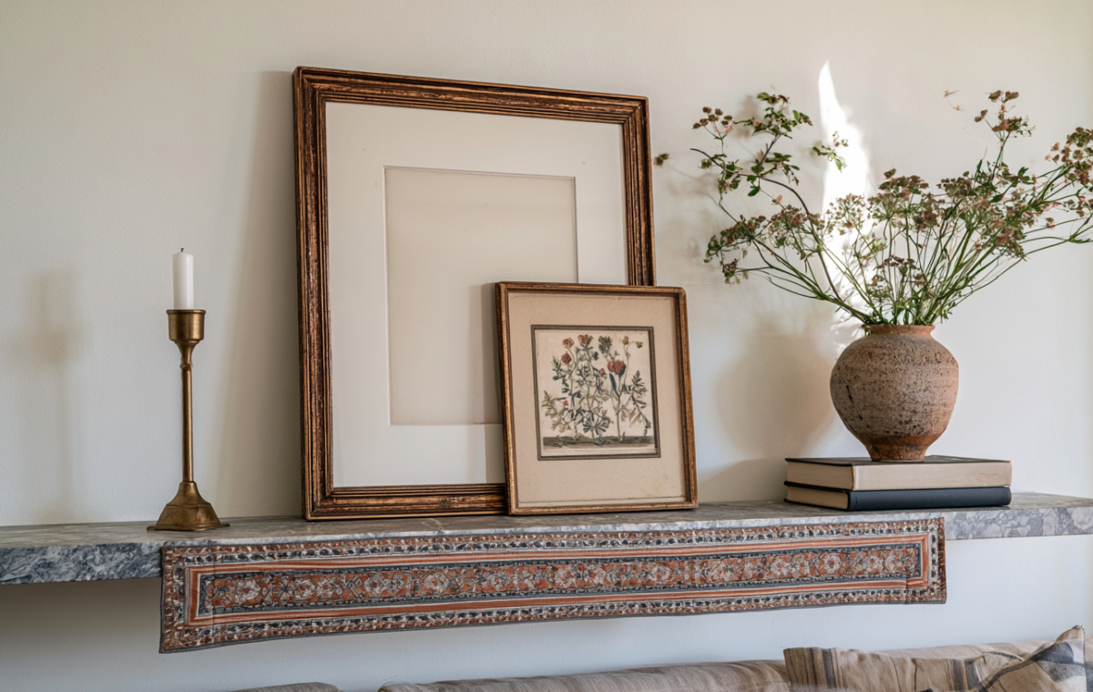 mantel decor ideas featuring layered vintage frames and a brass candlestick on a stone shelf