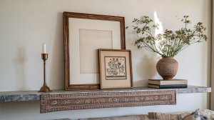 mantel decor ideas featuring layered vintage frames and a brass candlestick on a stone shelf