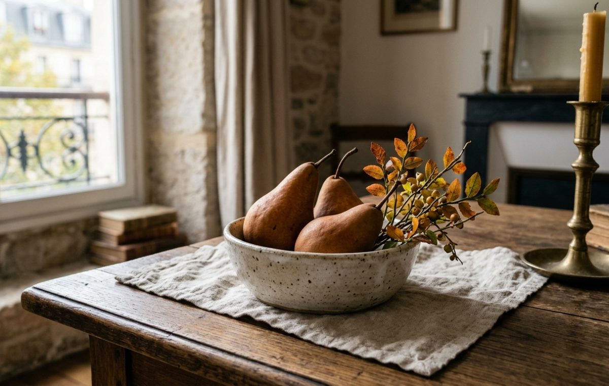 Speckled ceramic bowl with brown pears and autumn branches on a rustic wooden table featuring rustic table styling.