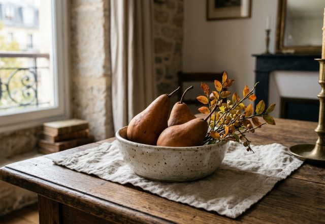 Speckled ceramic bowl with brown pears and autumn branches on a rustic wooden table featuring rustic table styling.