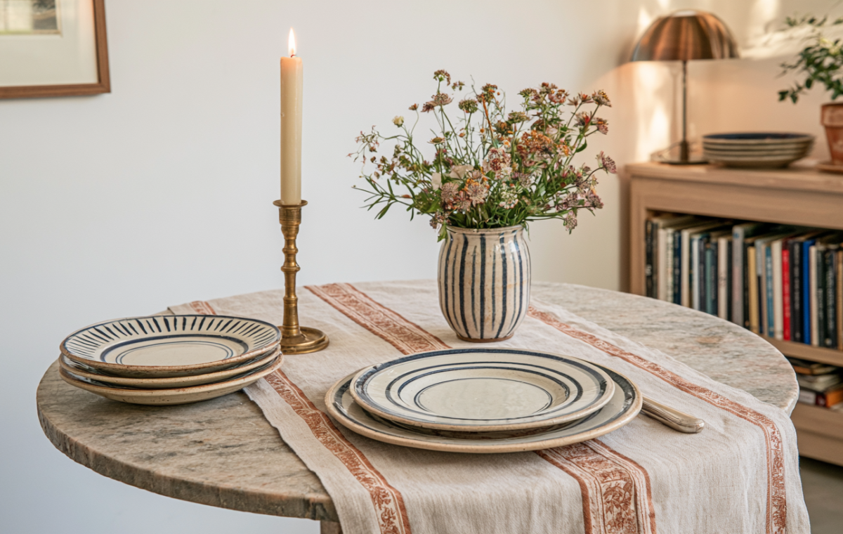 A cozy rustic table setting featuring handmade ceramic plates, a tall brass candleholder, and wild flowers in a striped vase.