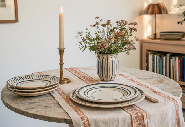 A cozy rustic table setting featuring handmade ceramic plates, a tall brass candleholder, and wild flowers in a striped vase.