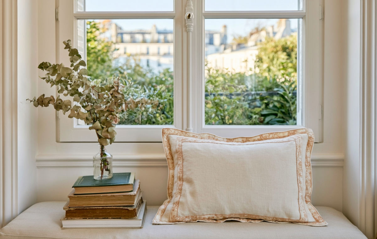 Cozy window seat decor featuring a linen accent pillow, vintage books, and a glass vase with dried eucalyptus.