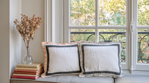 Cozy window seat decor featuring stacked books, dried botanicals in a glass vase, and tailored neutral pillows.
