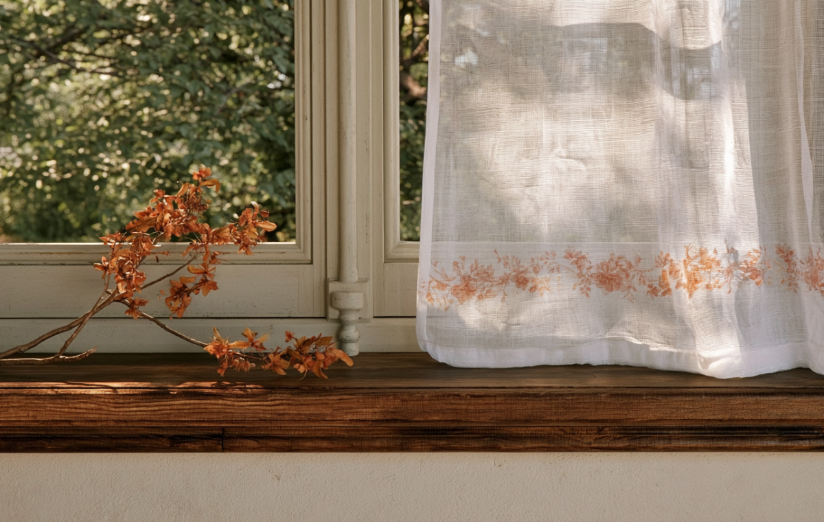 Minimalist window sill decor featuring a rustic dried branch on a wooden ledge next to a sheer curtain.