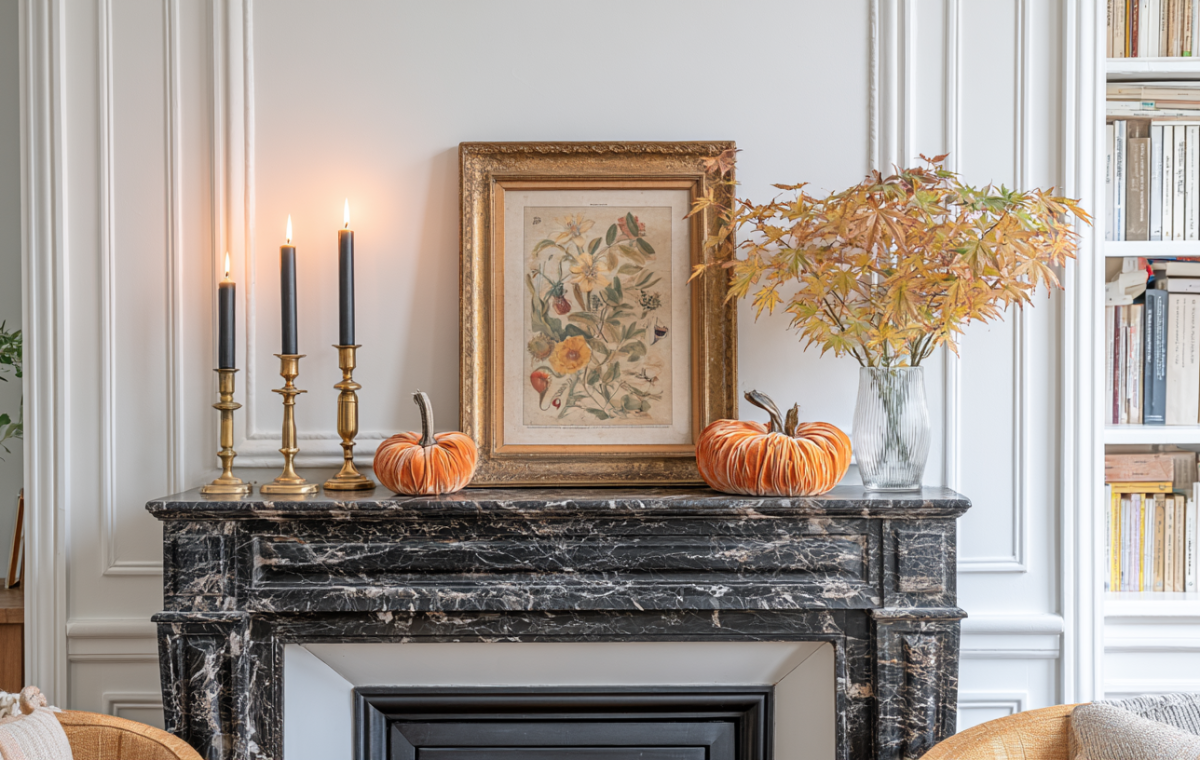 Elegant fireplace mantel decor styled with velvet pumpkins, brass candlesticks, and framed autumn botanical art.