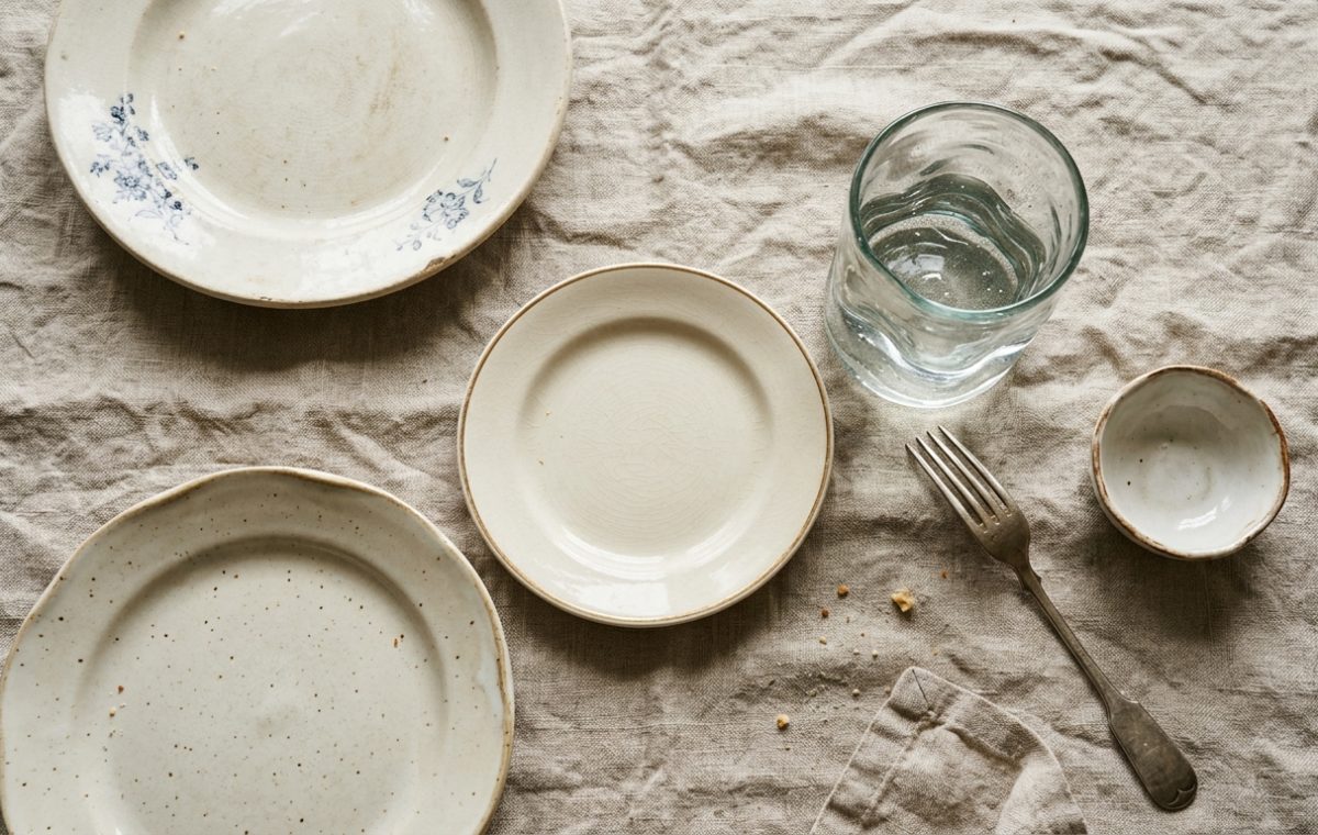 A rustic table setting featuring ceramic plates, linen tablecloth, glass of water, and a fork on neutral fabric background in a Japandi style dining space.