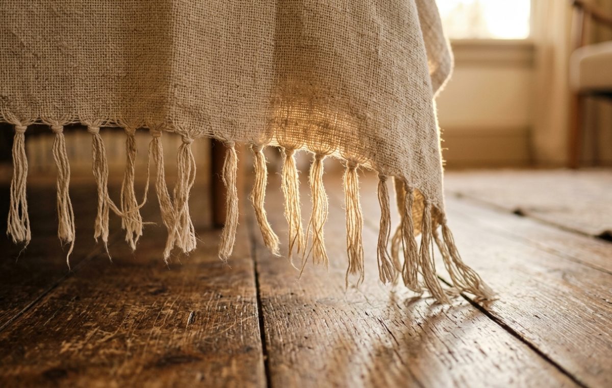 Sunlight streams across rustic wooden floors next to a textured woven bed throw with knotted fringe.
