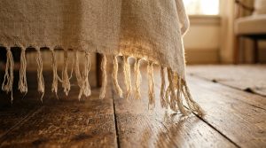 Sunlight streams across rustic wooden floors next to a textured woven bed throw with knotted fringe.