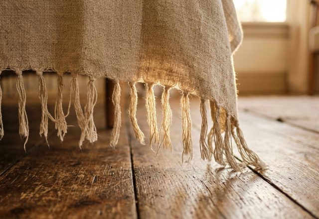 Sunlight streams across rustic wooden floors next to a textured woven bed throw with knotted fringe.