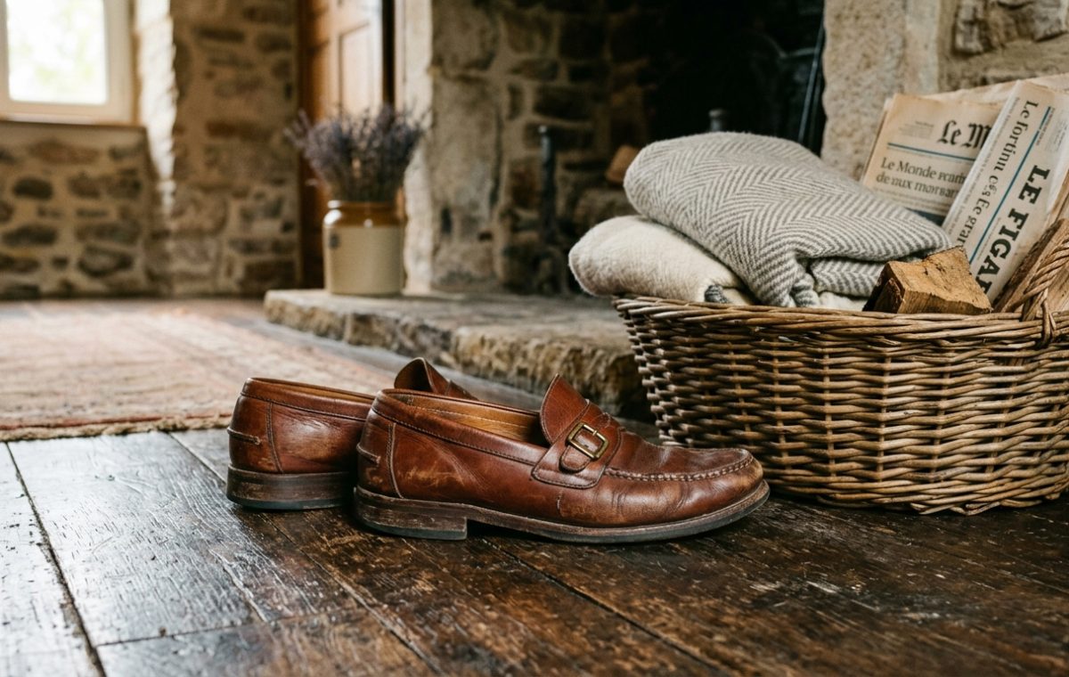 Distressed brown leather loafers resting on rustic wood floors near a wicker blanket basket and stone fireplace
