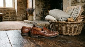 Distressed brown leather loafers resting on rustic wood floors near a wicker blanket basket and stone fireplace