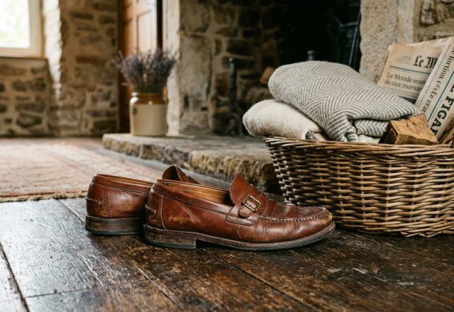 Distressed brown leather loafers resting on rustic wood floors near a wicker blanket basket and stone fireplace