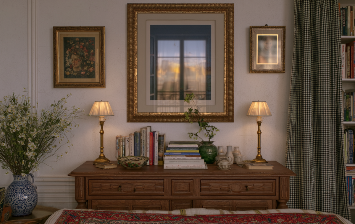 English cottage bedroom decor featuring a vintage wooden dresser, brass lamps, and layered art.