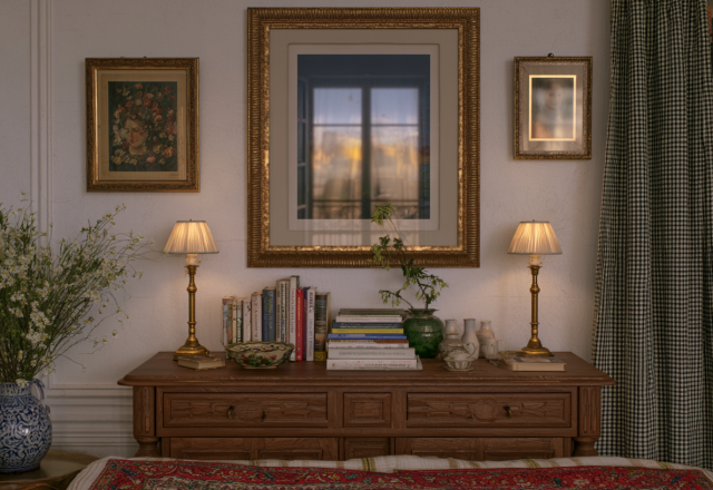 English cottage bedroom decor featuring a vintage wooden dresser, brass lamps, and layered art.