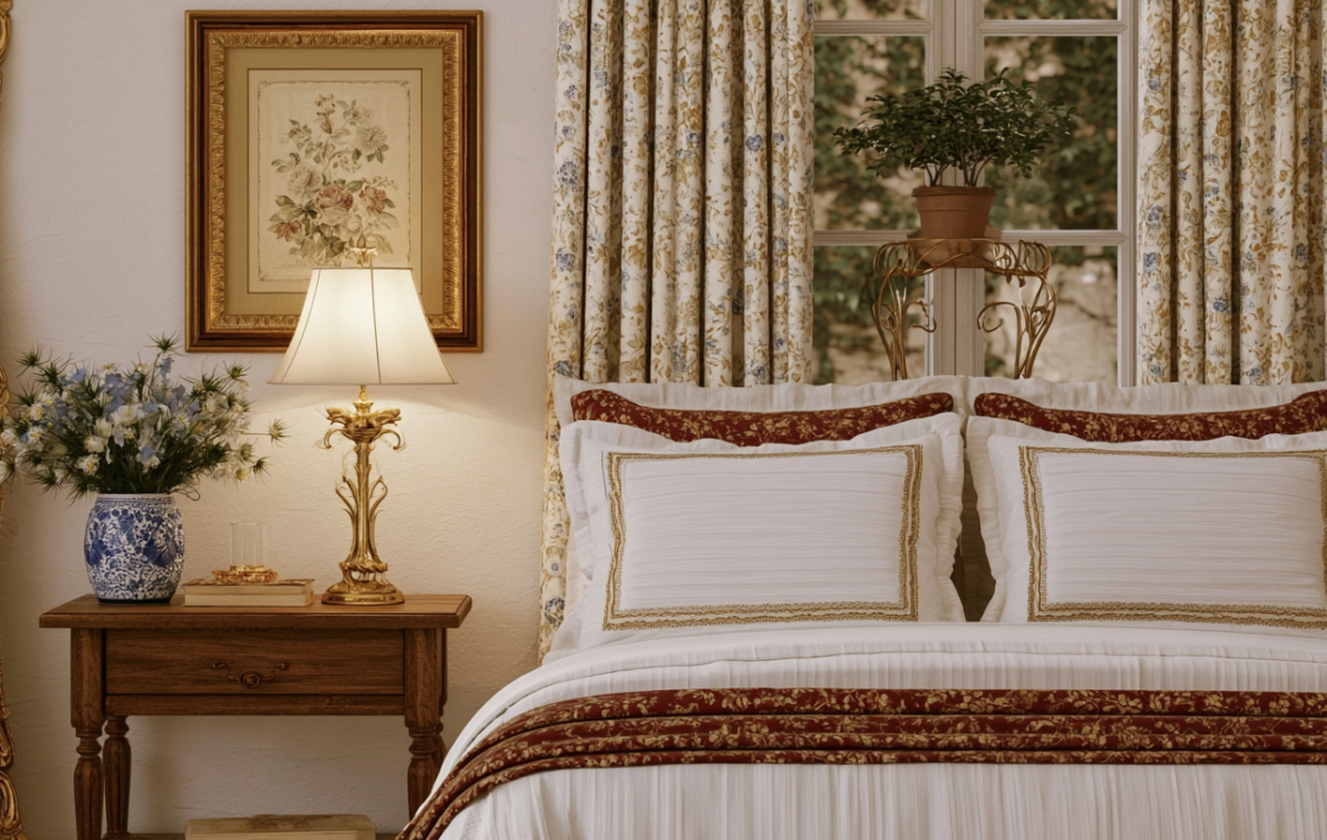 Cozy English cottage bedroom design featuring vintage floral bedding and an antique wooden nightstand