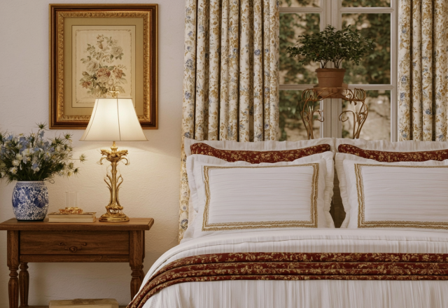 Cozy English cottage bedroom design featuring vintage floral bedding and an antique wooden nightstand