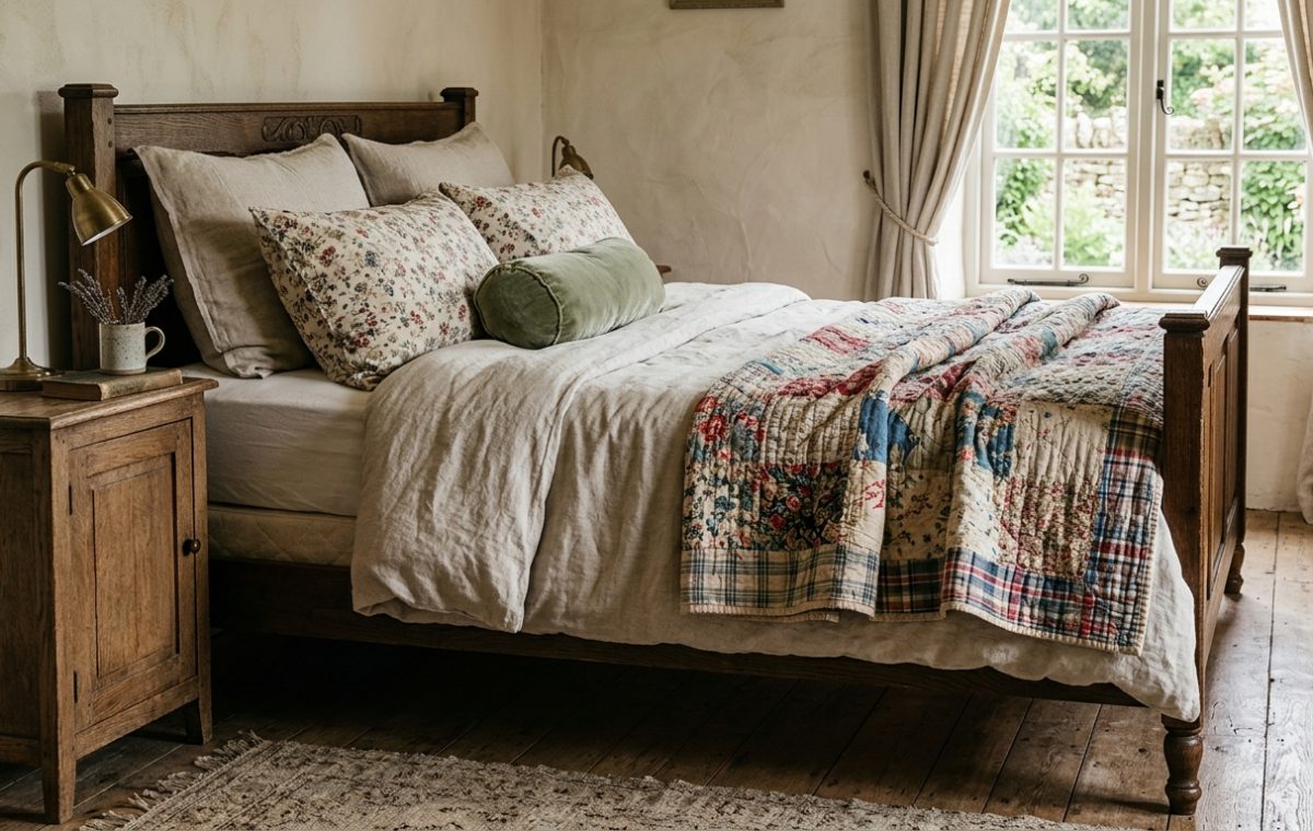 Cozy English cottage bedroom featuring a rustic wooden bed frame, vintage patchwork quilt, and linen bedding.