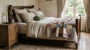 Cozy English cottage bedroom featuring a rustic wooden bed frame, vintage patchwork quilt, and linen bedding.