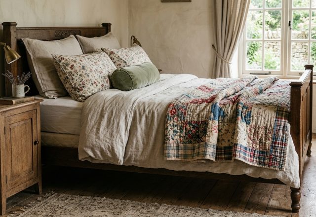 Cozy English cottage bedroom featuring a rustic wooden bed frame, vintage patchwork quilt, and linen bedding.
