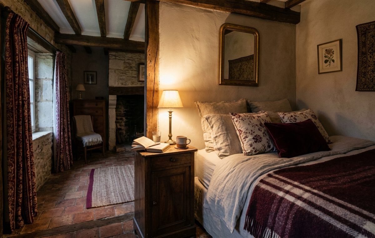 Cozy English cottage bedroom featuring rustic beams, stone walls, layered linens, and an antique wooden bedside table.
