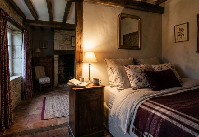Cozy English cottage bedroom featuring rustic beams, stone walls, layered linens, and an antique wooden bedside table.