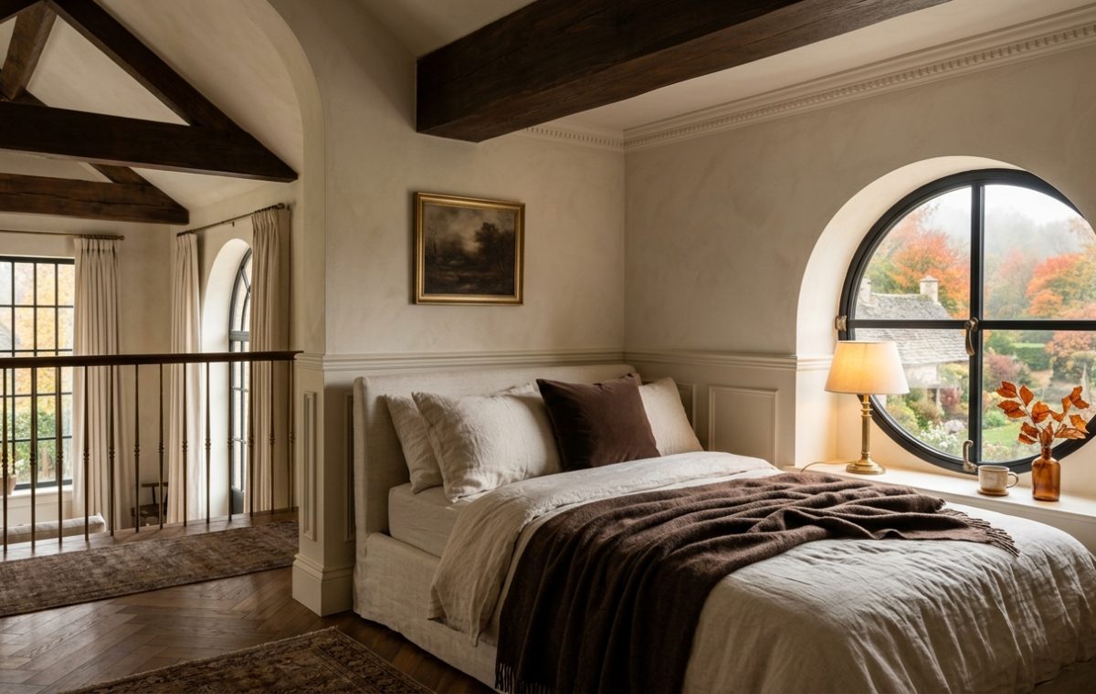 Cozy English Cottage Bedroom featuring dark exposed beams and a round window overlooking autumn trees.