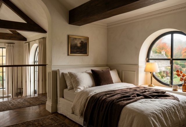 Cozy English Cottage Bedroom featuring dark exposed beams and a round window overlooking autumn trees.