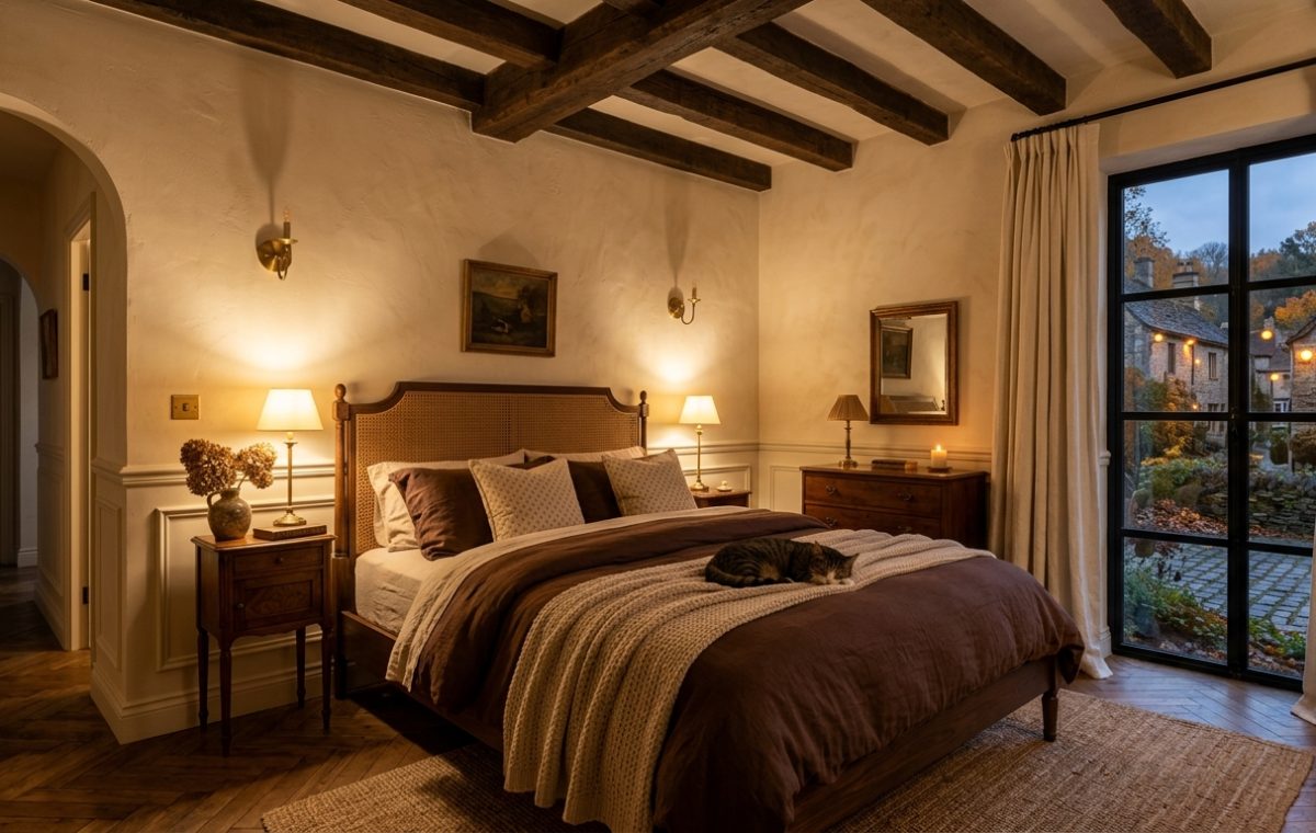 Cozy English Cottage Bedroom featuring exposed timber beams, warm lighting, and a cat sleeping on a brown linen bed.