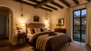 Cozy English Cottage Bedroom featuring exposed timber beams, warm lighting, and a cat sleeping on a brown linen bed.