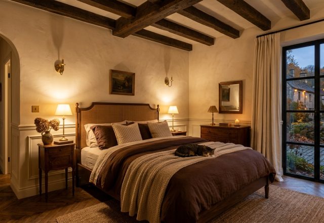 Cozy English Cottage Bedroom featuring exposed timber beams, warm lighting, and a cat sleeping on a brown linen bed.