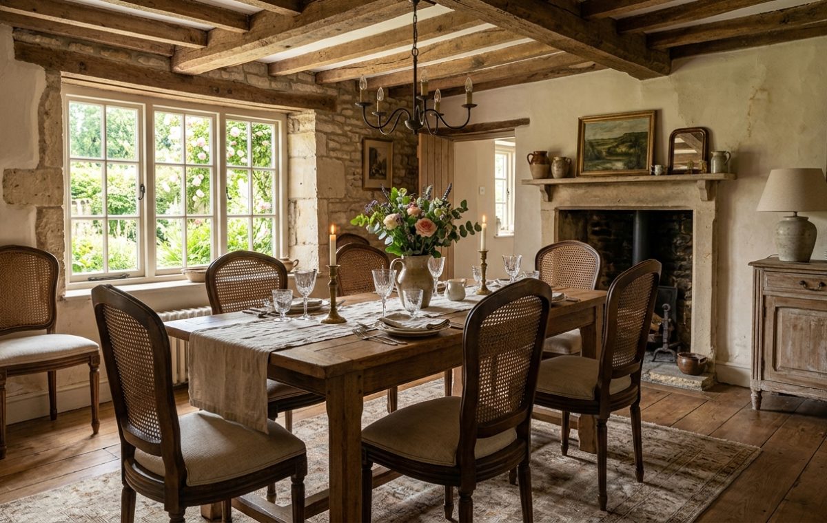 Cozy English cottage dining room featuring a rustic wooden table, exposed beams, and cane chairs.