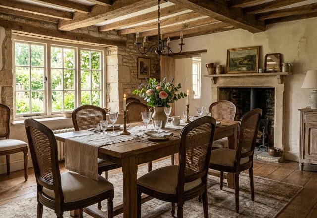 Cozy English cottage dining room featuring a rustic wooden table, exposed beams, and cane chairs.