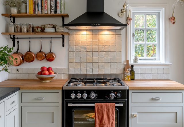 Cozy English cottage kitchen featuring a black range cooker, handmade wall tiles, and open wooden shelving.