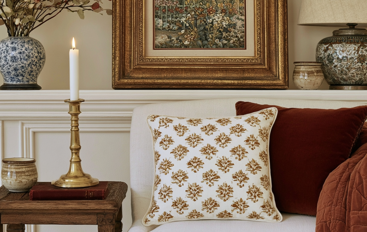 English cottage living room decor featuring a botanical pattern pillow and a brass candlestick on a wooden side table.
