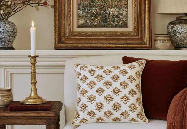 English cottage living room decor featuring a botanical pattern pillow and a brass candlestick on a wooden side table.
