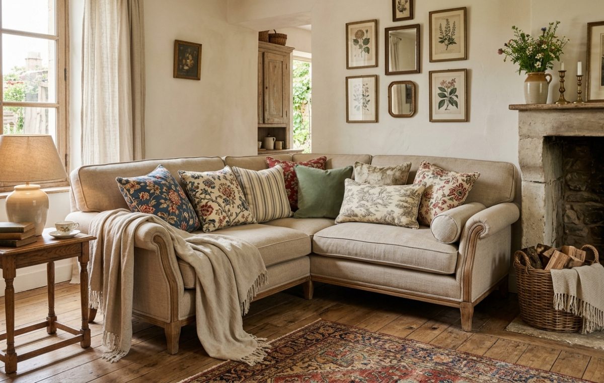 Cozy English cottage living room featuring a neutral linen sectional sofa, vintage botanical prints, and a stone fireplace.