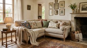 Cozy English cottage living room featuring a neutral linen sectional sofa, vintage botanical prints, and a stone fireplace.