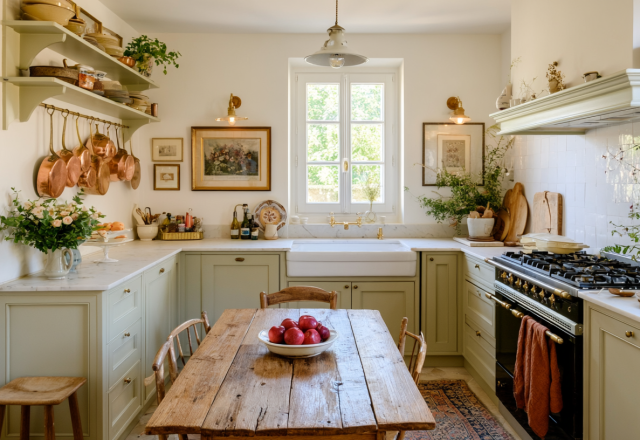 Bright English country kitchen featuring sage green cabinets, hanging copper pots, and a rustic wooden dining table.