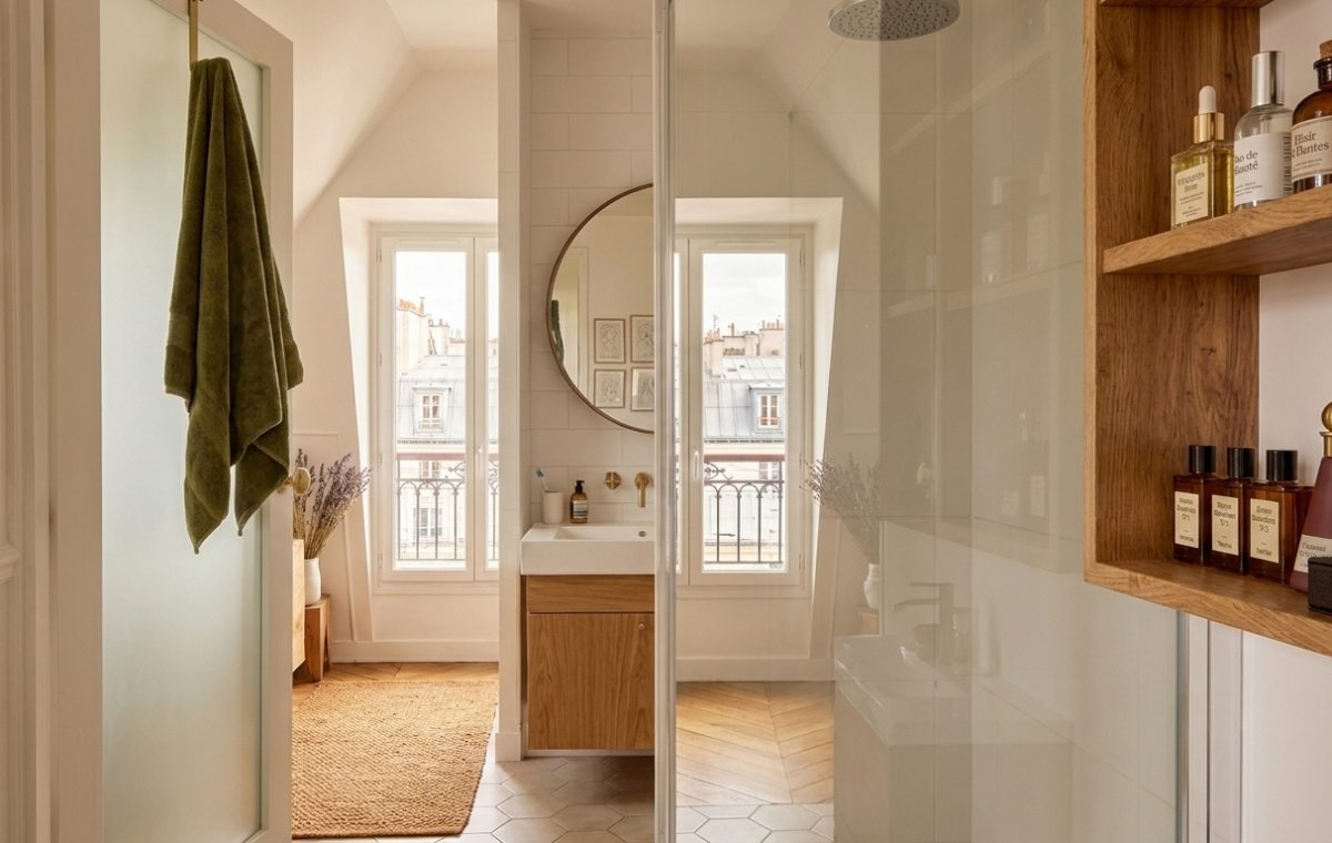 Bright ensuite bathroom design with a glass shower, oak vanity, and French windows.