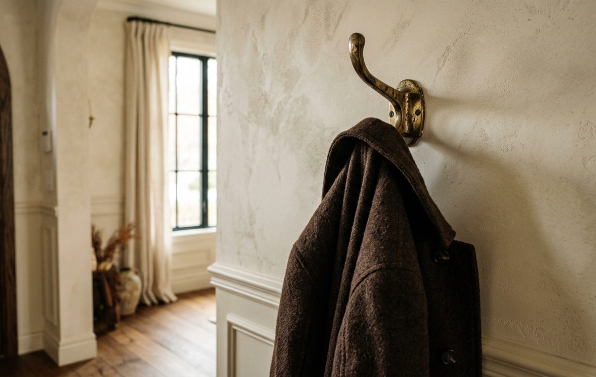 A heavy wool coat hanging on a brass entryway coat hook mounted to a textured plaster hallway wall.