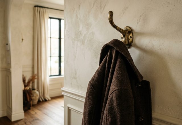 A heavy wool coat hanging on a brass entryway coat hook mounted to a textured plaster hallway wall.