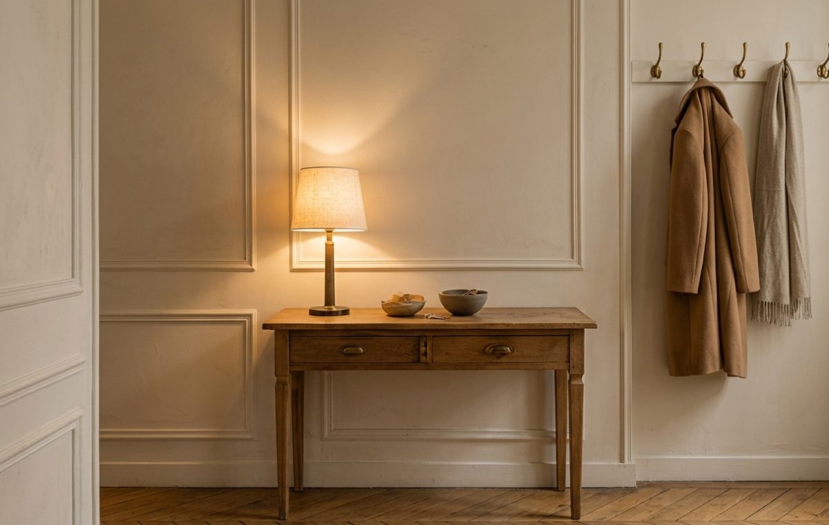 A minimalist entryway console styling featuring a vintage wooden table, a warm lamp, and wall molding.