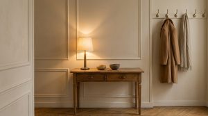 A minimalist entryway console styling featuring a vintage wooden table, a warm lamp, and wall molding.