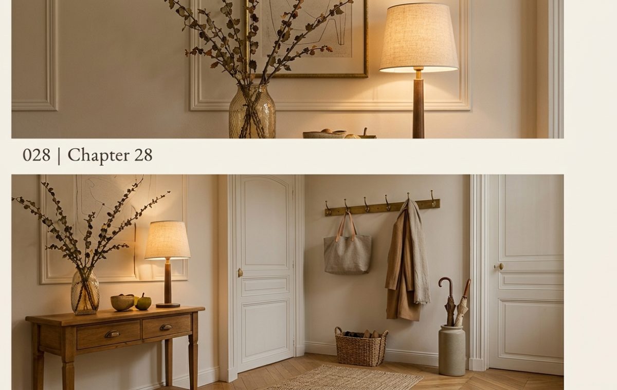Classic entryway console styling with warm linen lamp, glass branch vase, and brass coat rack