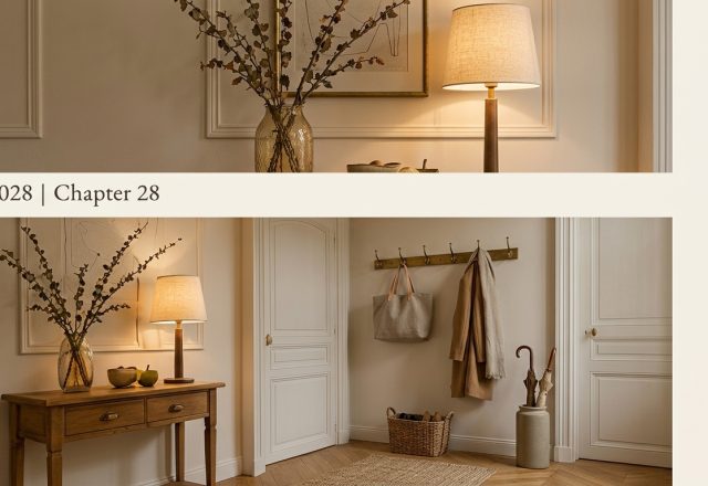 Classic entryway console styling with warm linen lamp, glass branch vase, and brass coat rack