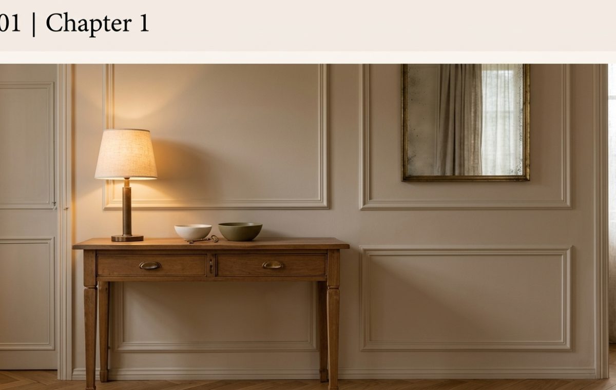 Warm entryway console styling featuring a wooden table, soft lamp glow, and traditional picture frame wall moulding.