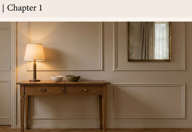 Warm entryway console styling featuring a wooden table, soft lamp glow, and traditional picture frame wall moulding.